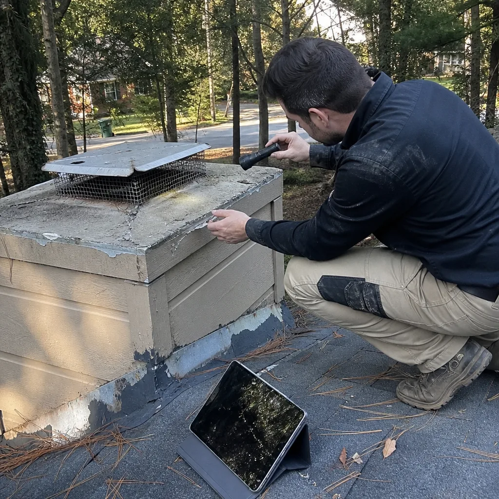 Professional technician performing a detailed chimney inspection on a roof.