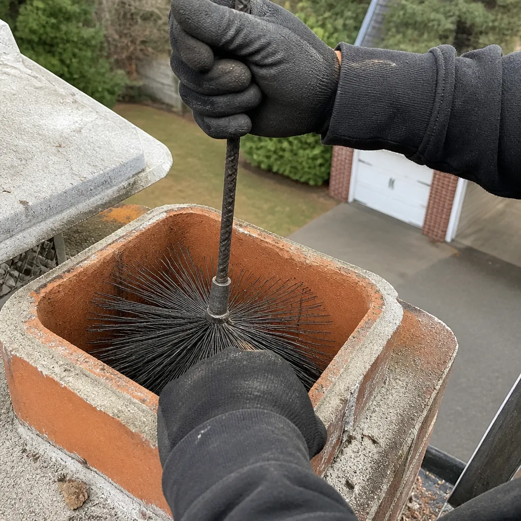 Professional chimney sweep cleaning a residential brick chimney flue with a brush