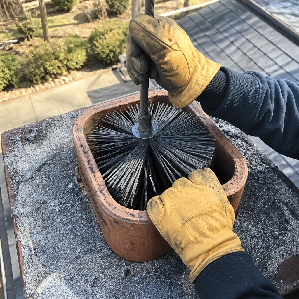 Professional chimney sweep using a wire brush to clean a chimney flue