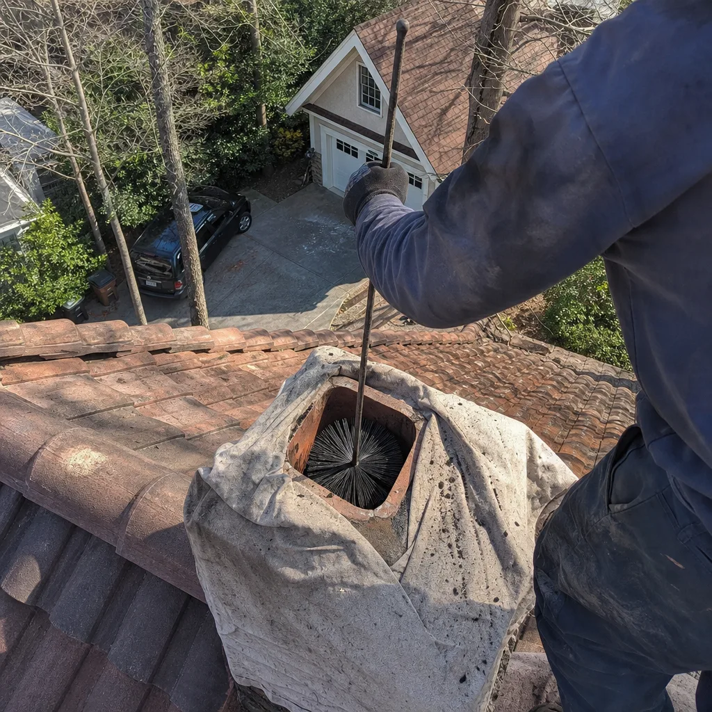 Professional chimney sweep cleaning a chimney flue from the roof