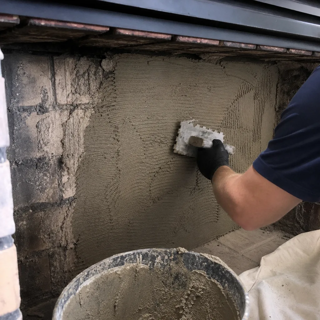 Professional contractor applying mortar to fireplace firebox during repair